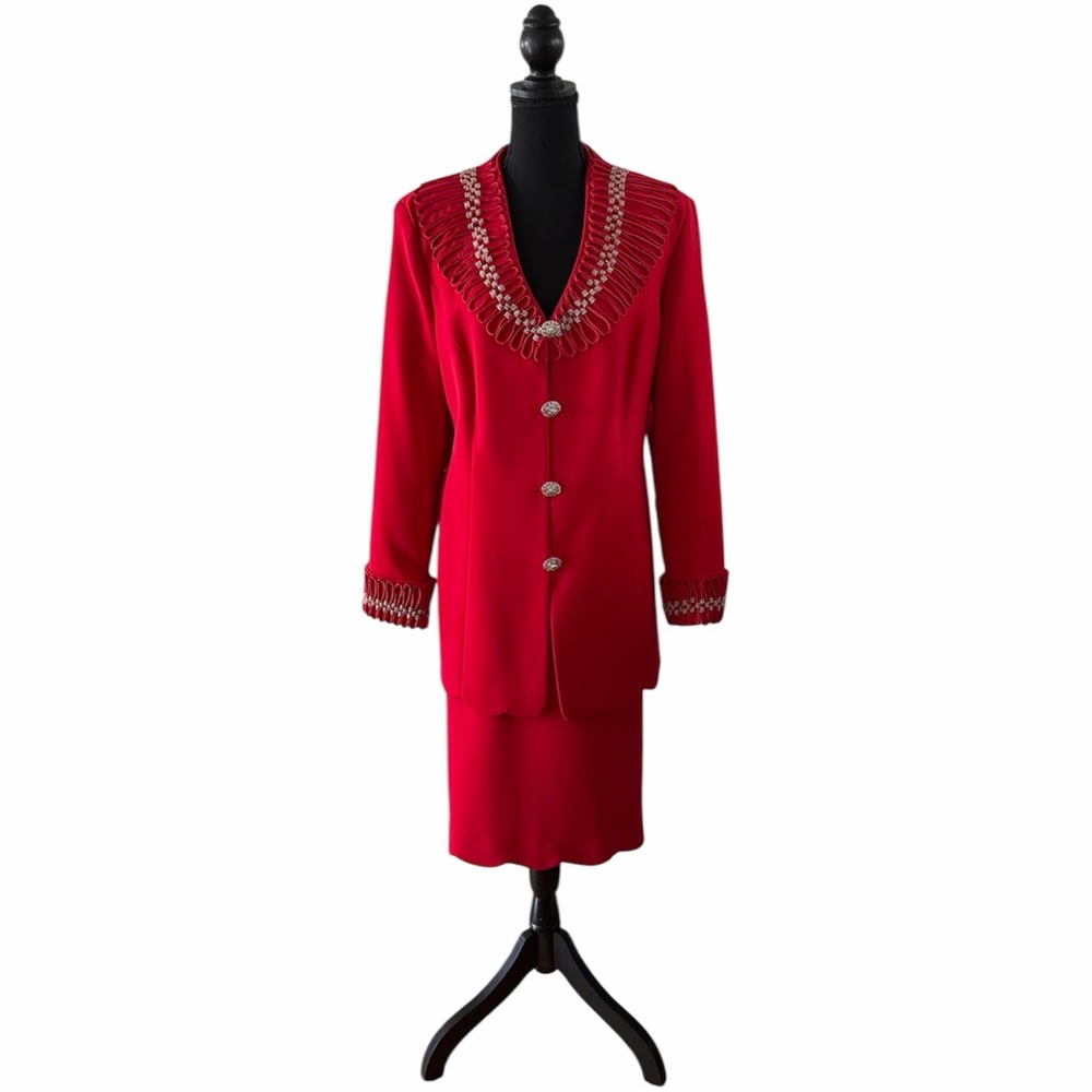 Tiffany Collection 2pc Red Skirt Suit w/Beading and Scallops, Size 18